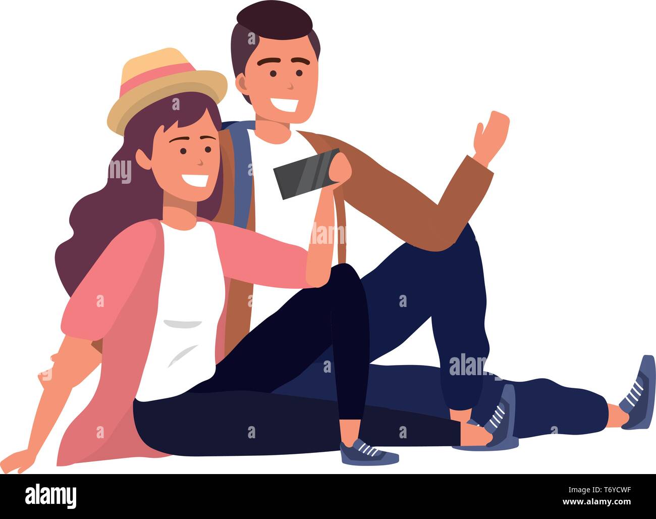 Millennial student couple smiling sitting taking selfie waving hello Stock Vector