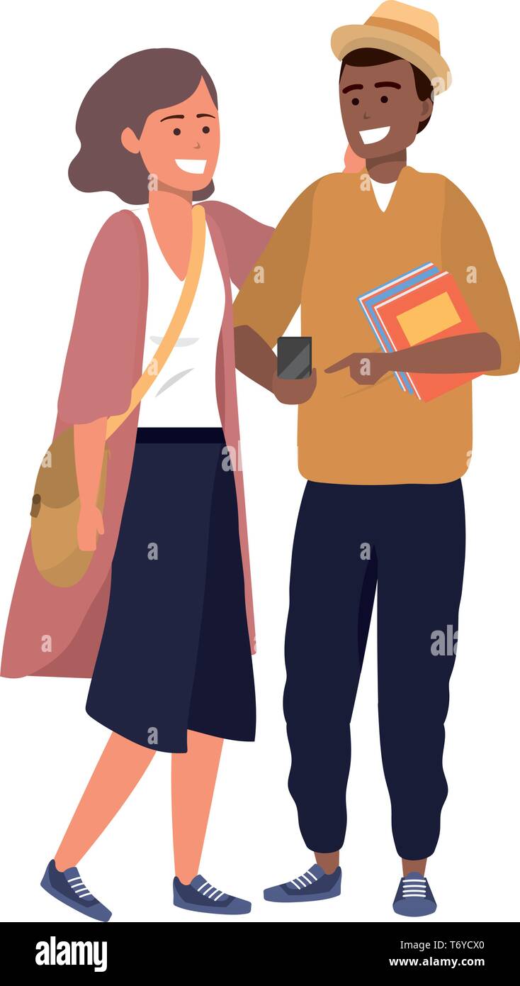 Millennial student couple smiling holding book afro purse hat Stock Vector