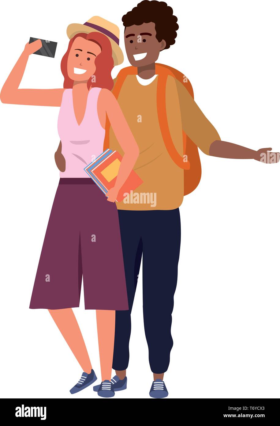 Millennial student couple smiling taking selfie browsing apps holding book redhead afro backpack Stock Vector