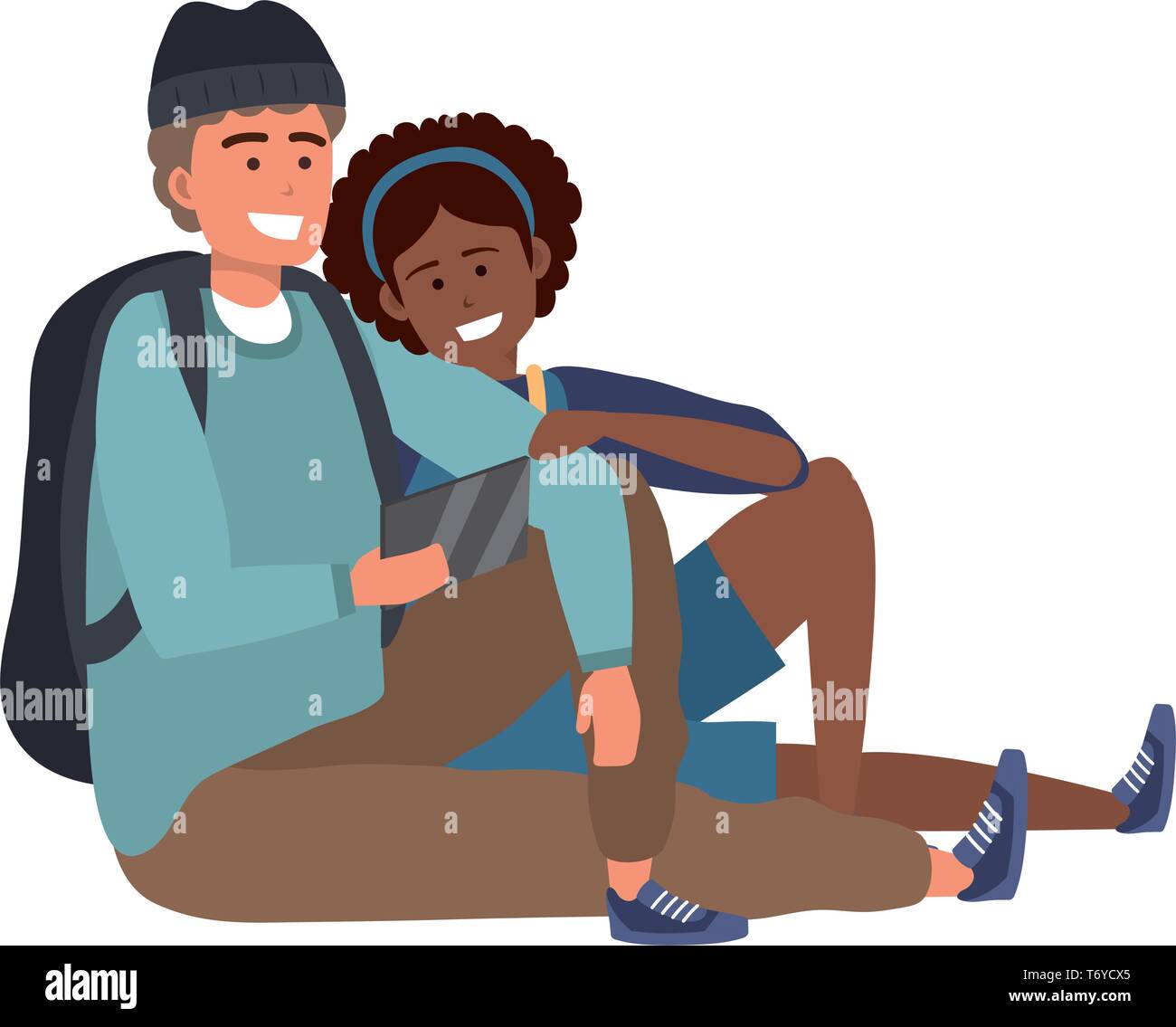 Millennial student couple smiling sitting taking selfie afro backpack Stock Vector