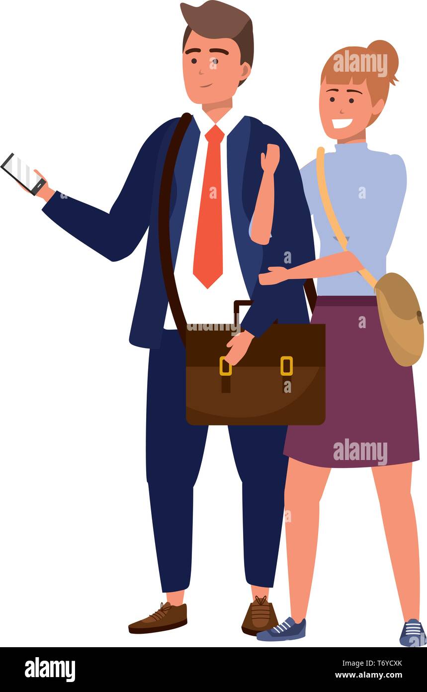 Millennial student couple smiling texting redhead purse briefcase suit and tie Stock Vector
