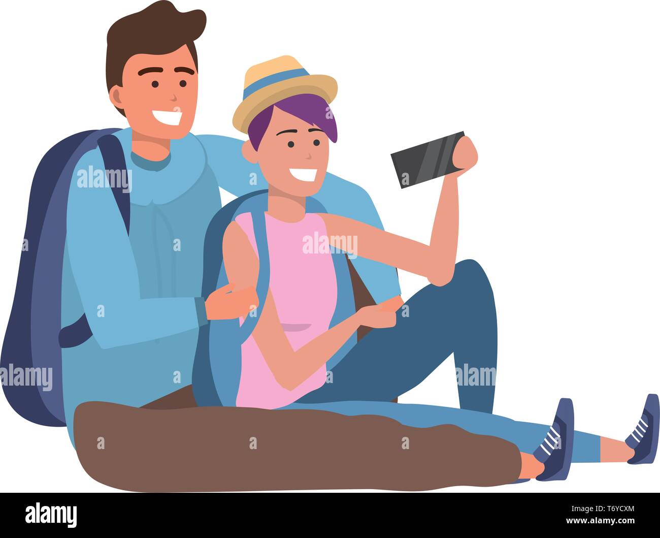 Millennial student couple smiling sitting taking selfie backpack Stock Vector