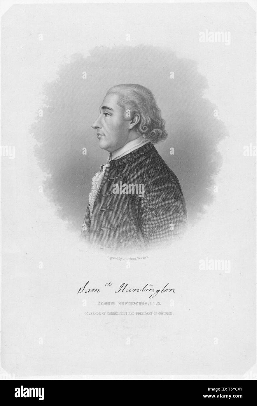 Engraved portrait of Samuel Huntington, signer of the Declaration of Independence and the Articles of Confederation, also served as President of the Continental Congress, an American jurist and statesman from Windham, Connecticut, 1845. From the New York Public Library. () Stock Photo
