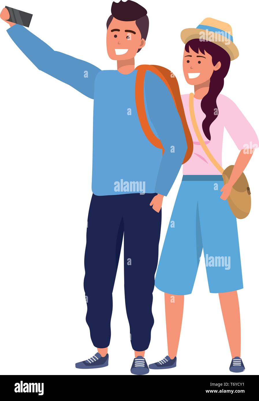 Millennial student couple smiling taking selfie browsing apps backpack purse Stock Vector