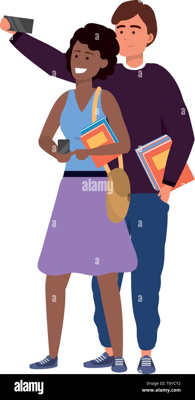 Millennial student couple smiling taking selfie browsing apps holding book afro purse Stock Vector