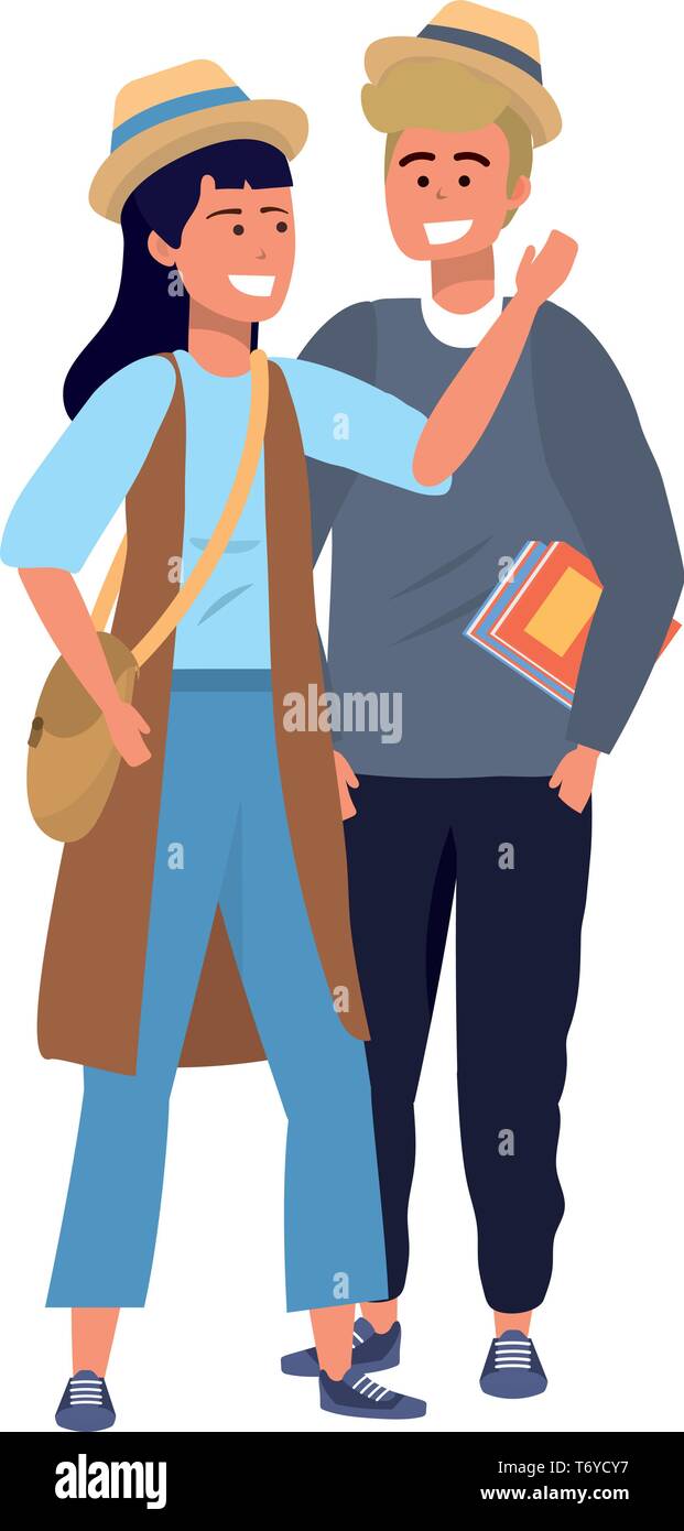 Millennial student couple smiling holding book blond purse hat Stock Vector