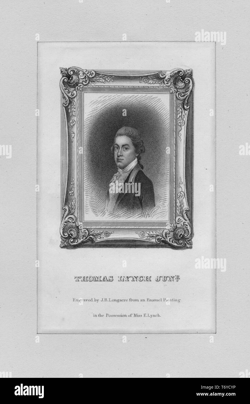 Engraved portrait of Thomas Lynch Jr. signer of the United States Declaration of Independence, an American politician from Georgetown, South Carolina, 1849. From the New York Public Library. () Stock Photo