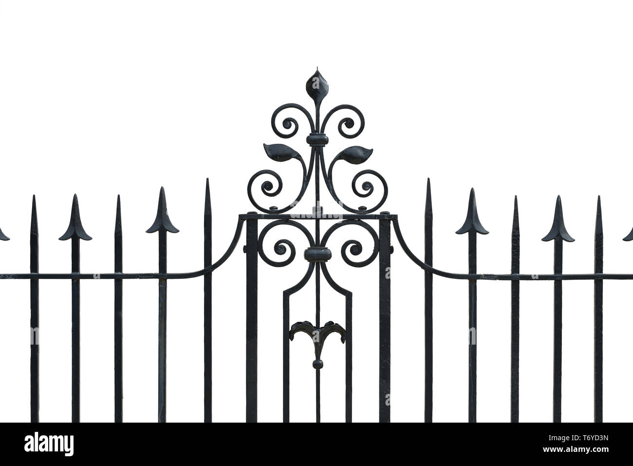 Iron fence isolated on white background, clipping path included. Leaves, scrolls, spears motives. Stock Photo