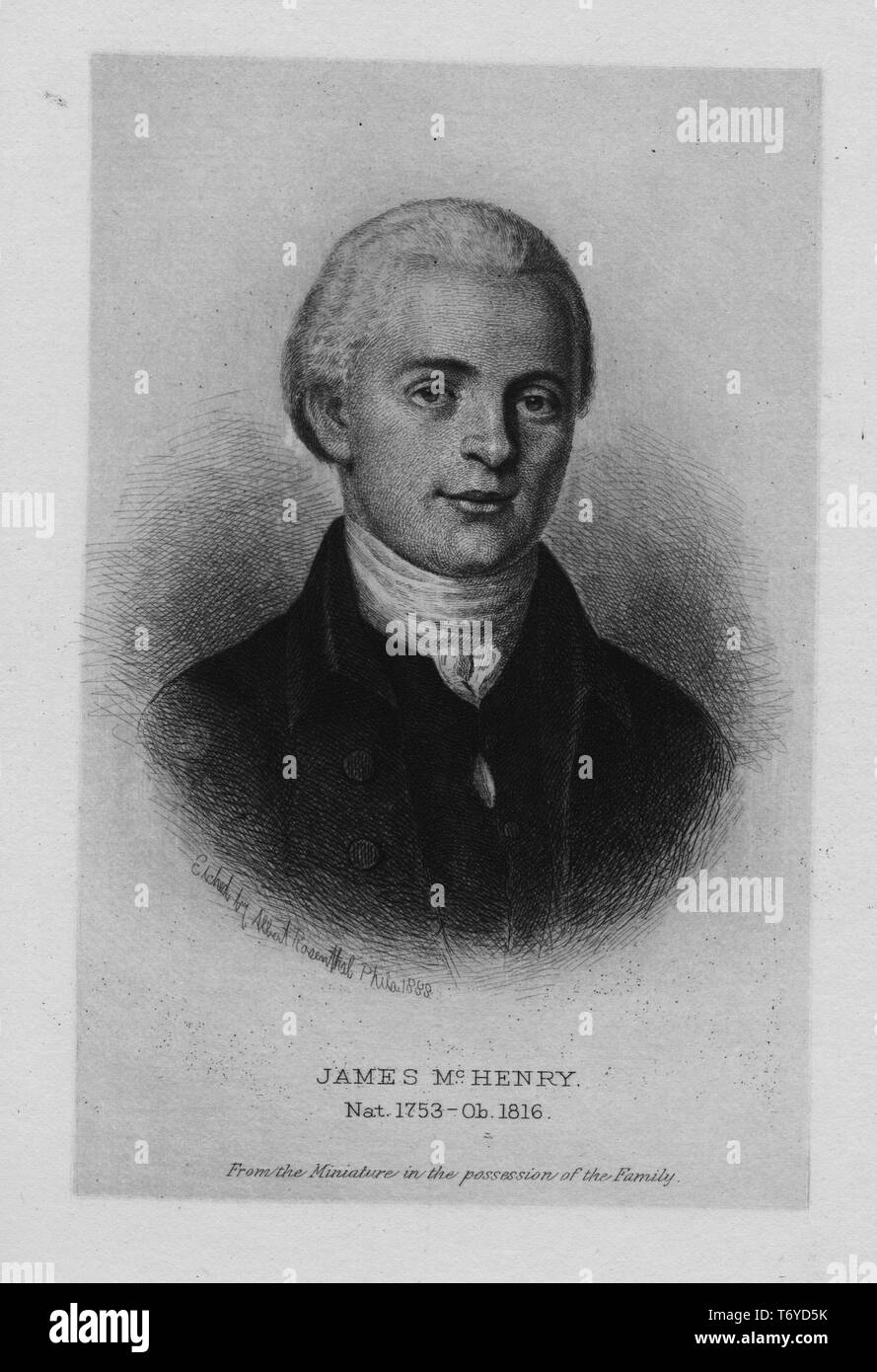 Engraved portrait of James McHenry, signer of the United States Constitution, an Irish-American military surgeon and delegate to the Continental Congress from Maryland, 1888. From the New York Public Library. () Stock Photo