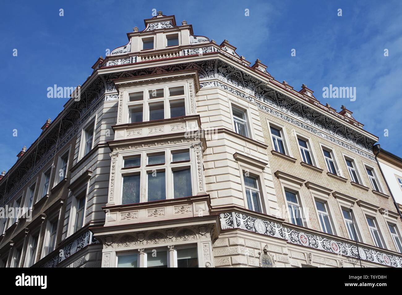 House facade with sgraffito curbs, Prague Stock Photo