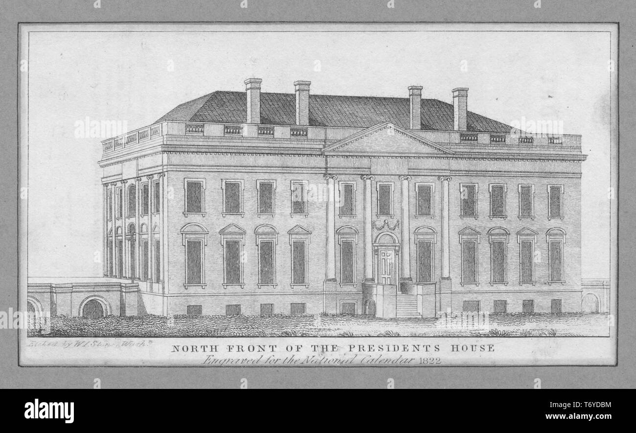Engraving from the National Calendar of the north front of the President's house in Washington, 1822. From the New York Public Library. () Stock Photo