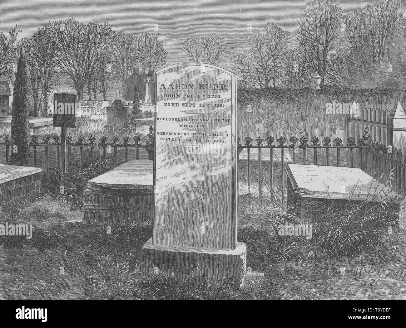 Engraving of the tomb of Aaron Burr in Princeton, New Jersey, the third Vice President of the United States, 1837. From the New York Public Library. () Stock Photo