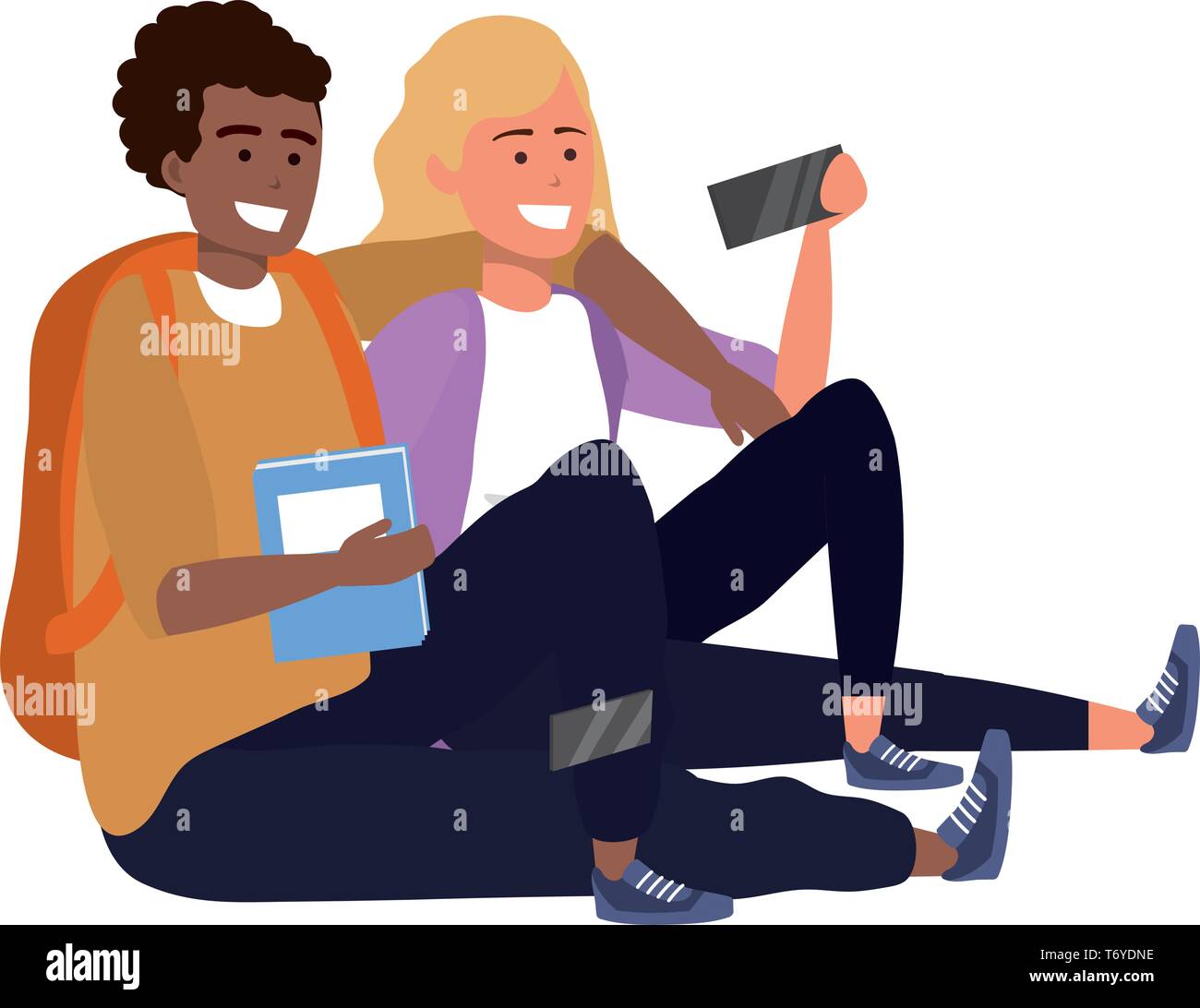 Millennial student couple smiling sitting taking selfie holding book afro blonde backpack Stock Vector