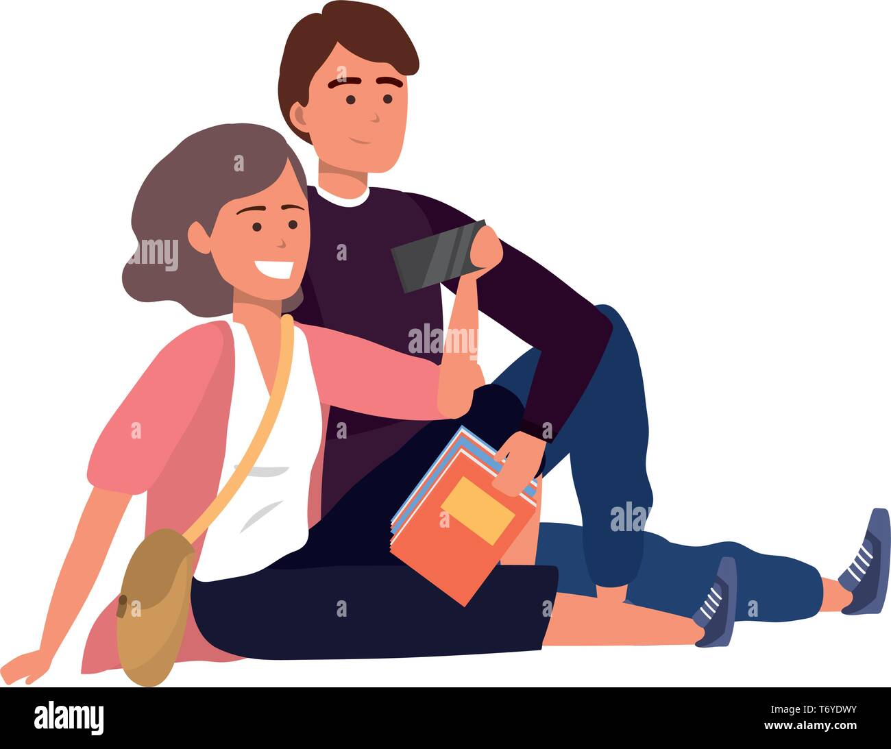 Millennial student couple smiling sitting taking selfie holding book purse Stock Vector