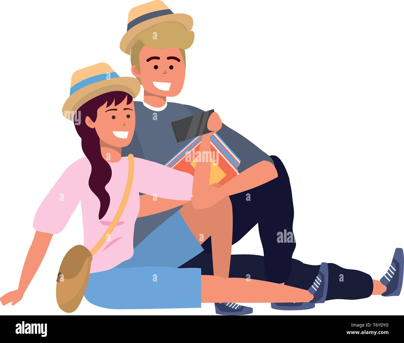 Millennial student couple smiling sitting taking selfie holding book blond purse Stock Vector