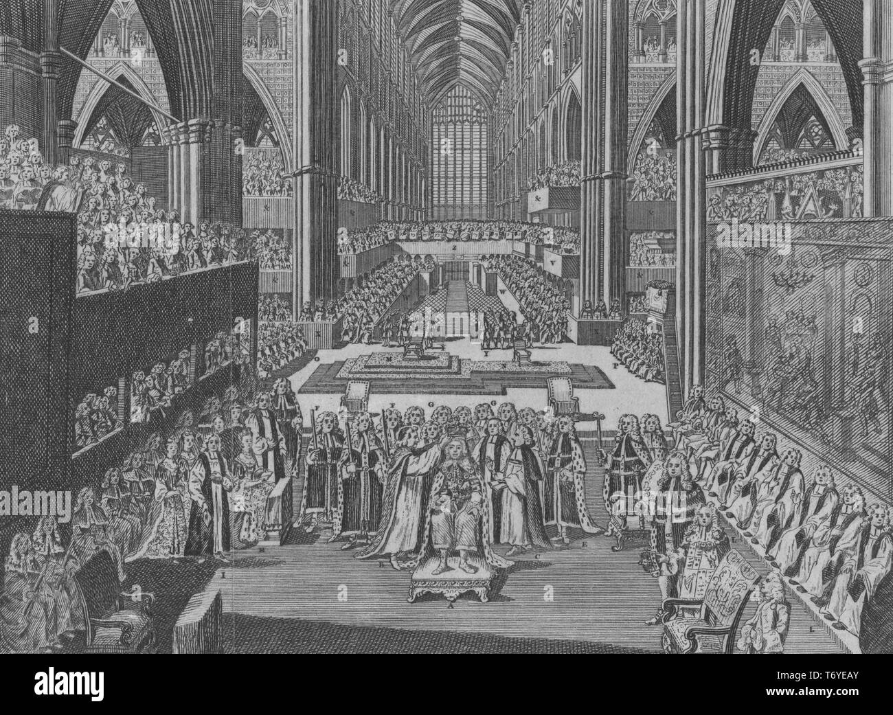 Engraving of his Majesty's crowning at Westminster Abbey, viewed from the high altar to the west end, City of Westminster, London, England, 1761. From the New York Public Library. () Stock Photo