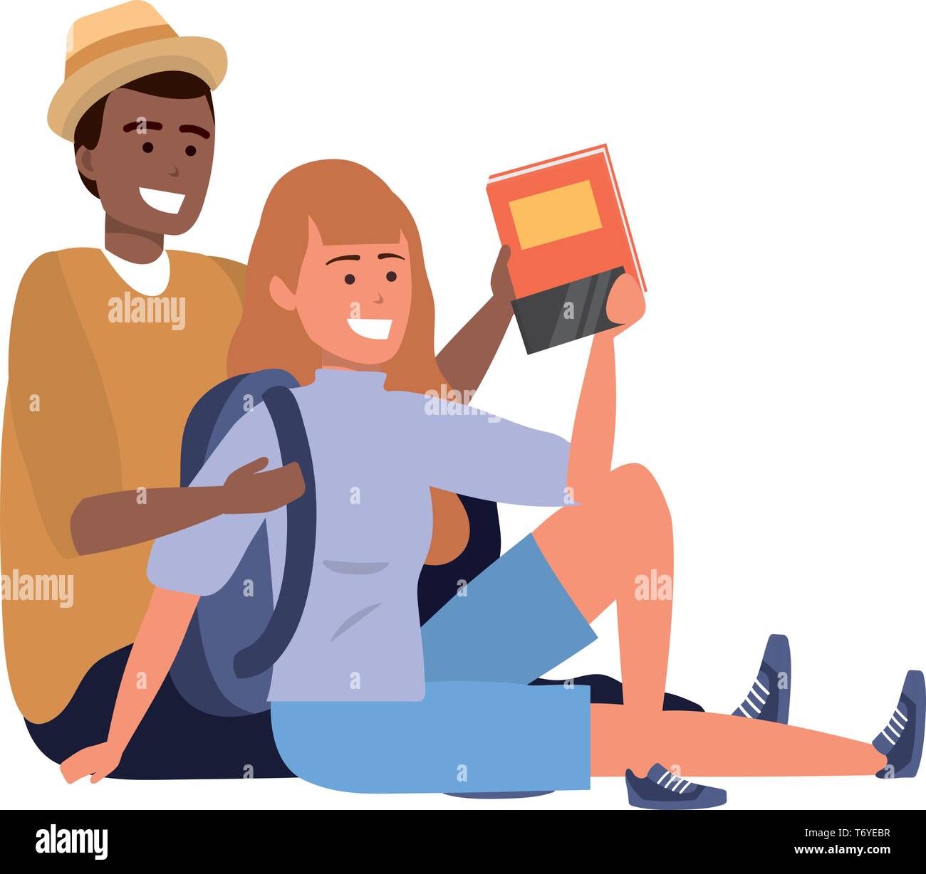 Millennial student couple smiling sitting taking selfie holding book redhead afro backpack Stock Vector
