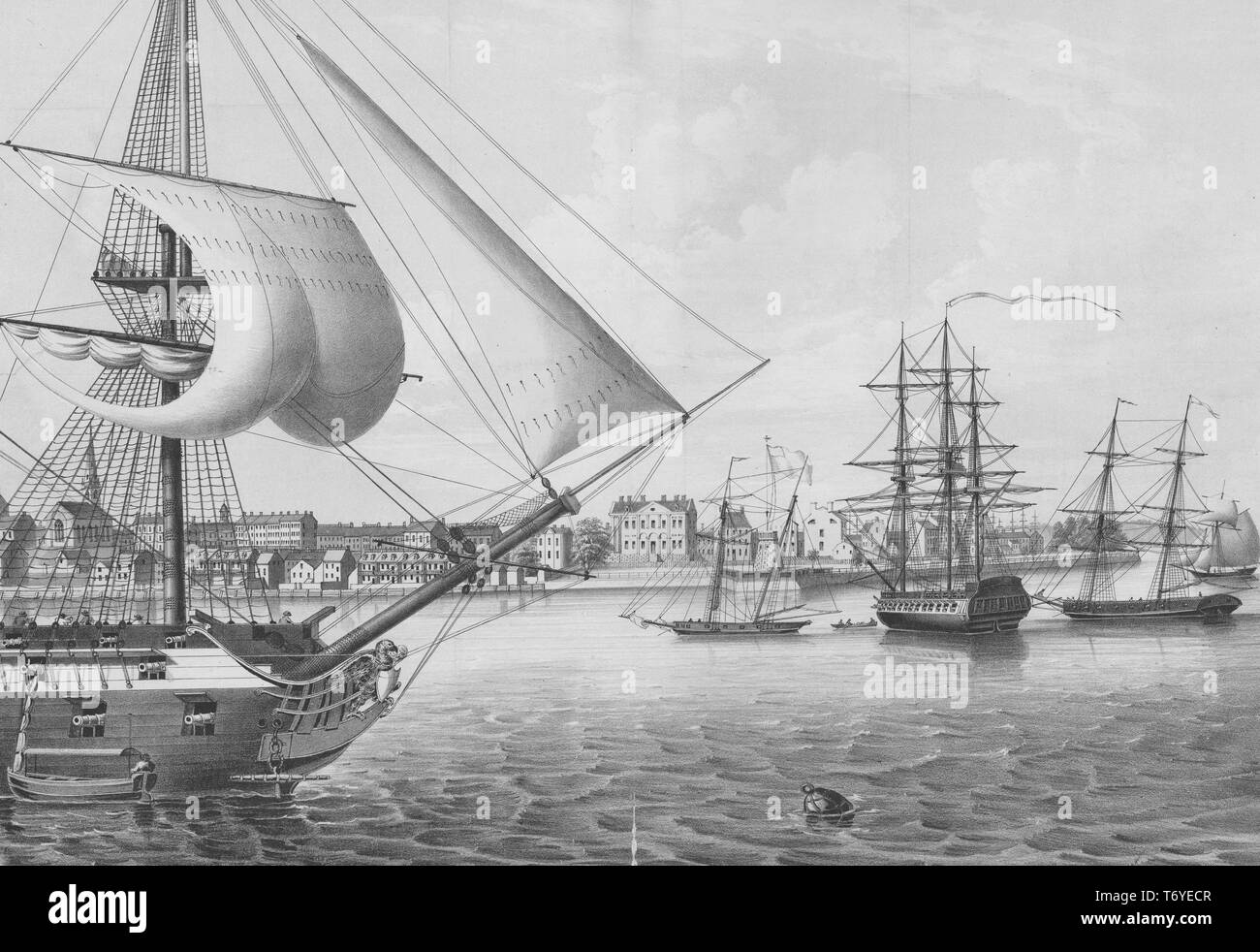 Engraving of the docked ships in a shipyard along the port in New York, 1790. From the New York Public Library. () Stock Photo