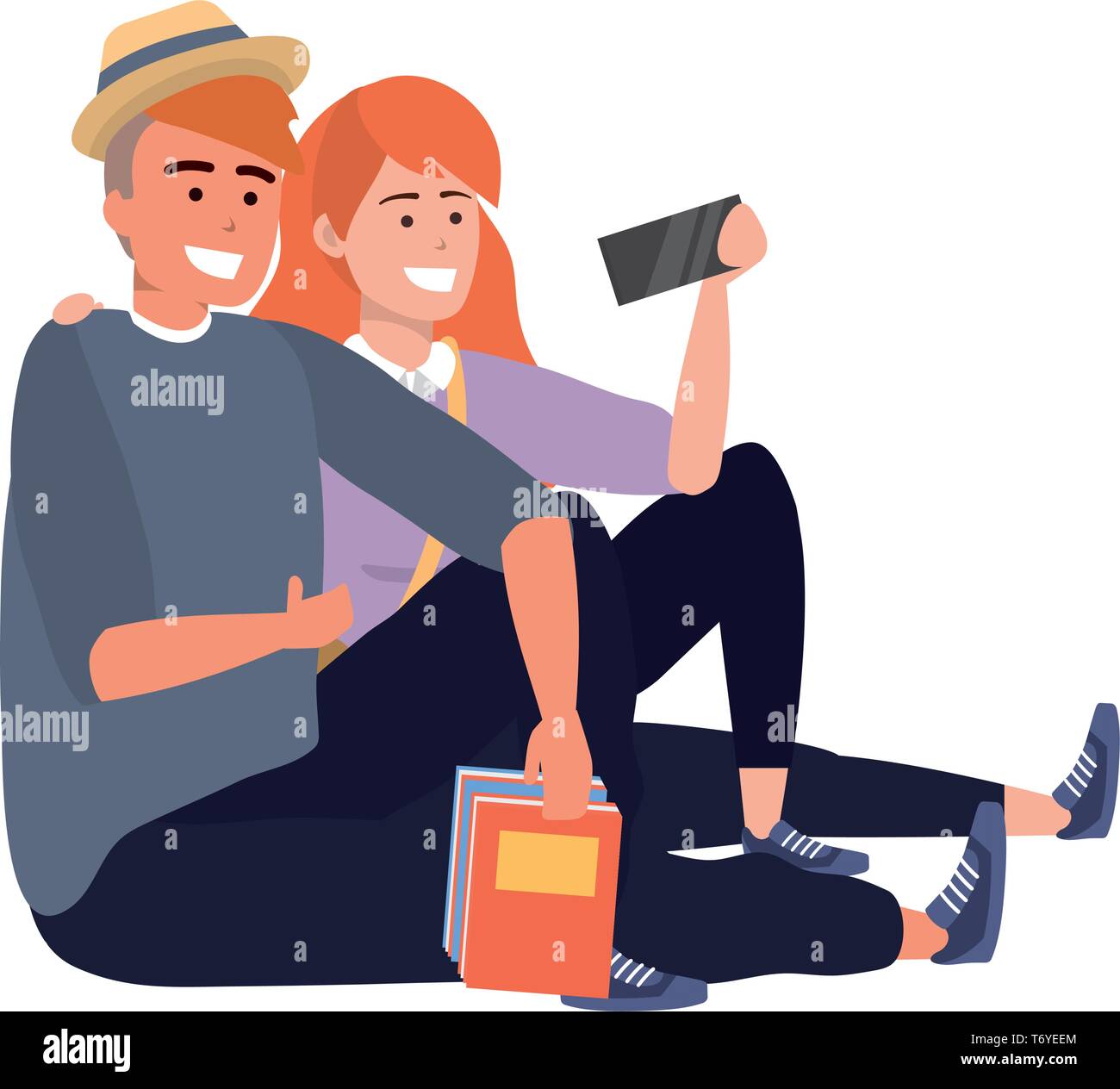Millennial student couple smiling sitting taking selfie holding book redhead Stock Vector