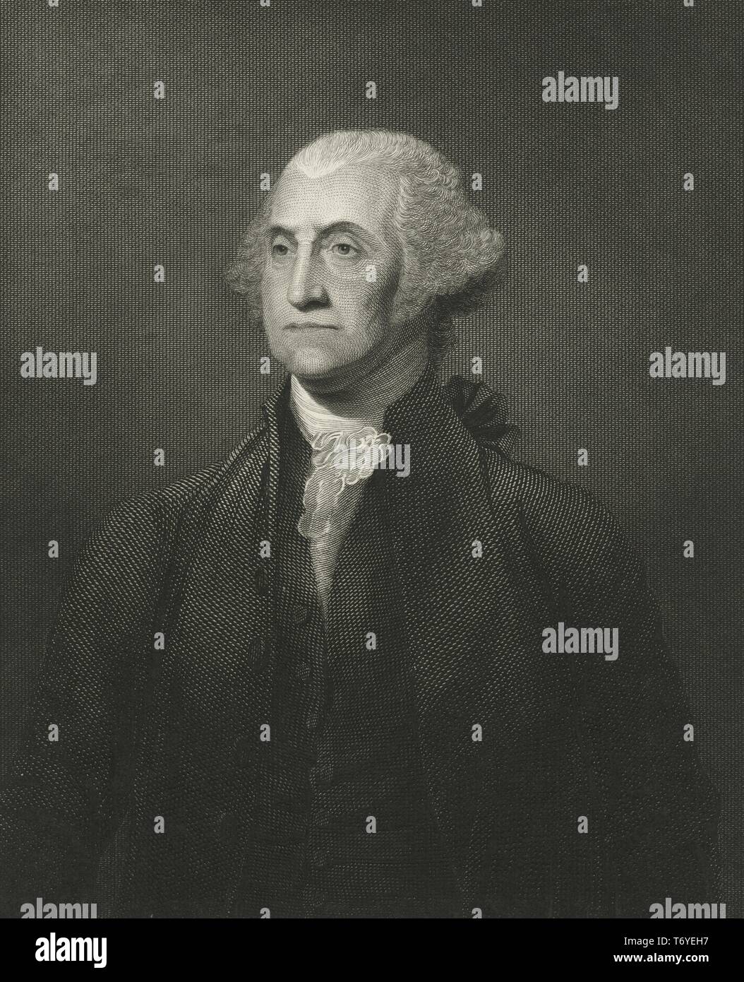 Engraved portrait of George Washington, a Founding Father and the first president of the United States of America, an American politician, general and statesman from Popes Creek, Colony of Virginia, British America, Washington, DC, 1831. From the New York Public Library. () Stock Photo