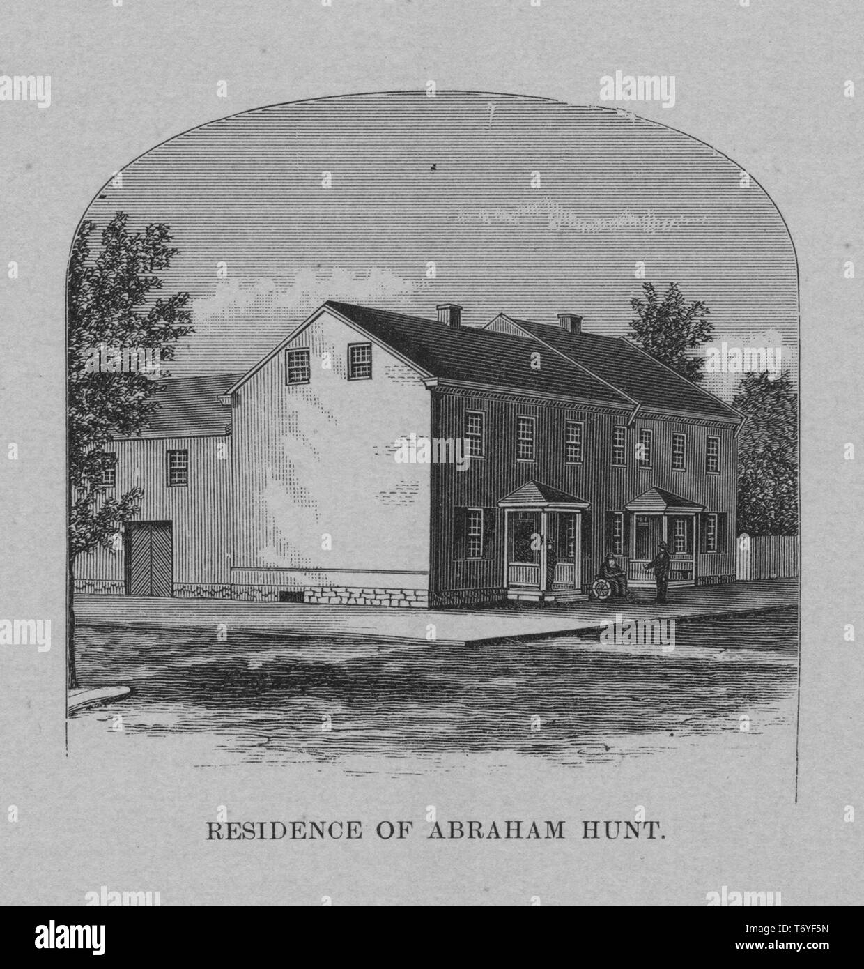 Engraving of the residence of Abraham Hunt in Massachusetts, Boston Tea Party member, an American politician from Hopewell Township, Pennsylvania, 1870. From the New York Public Library. () Stock Photo