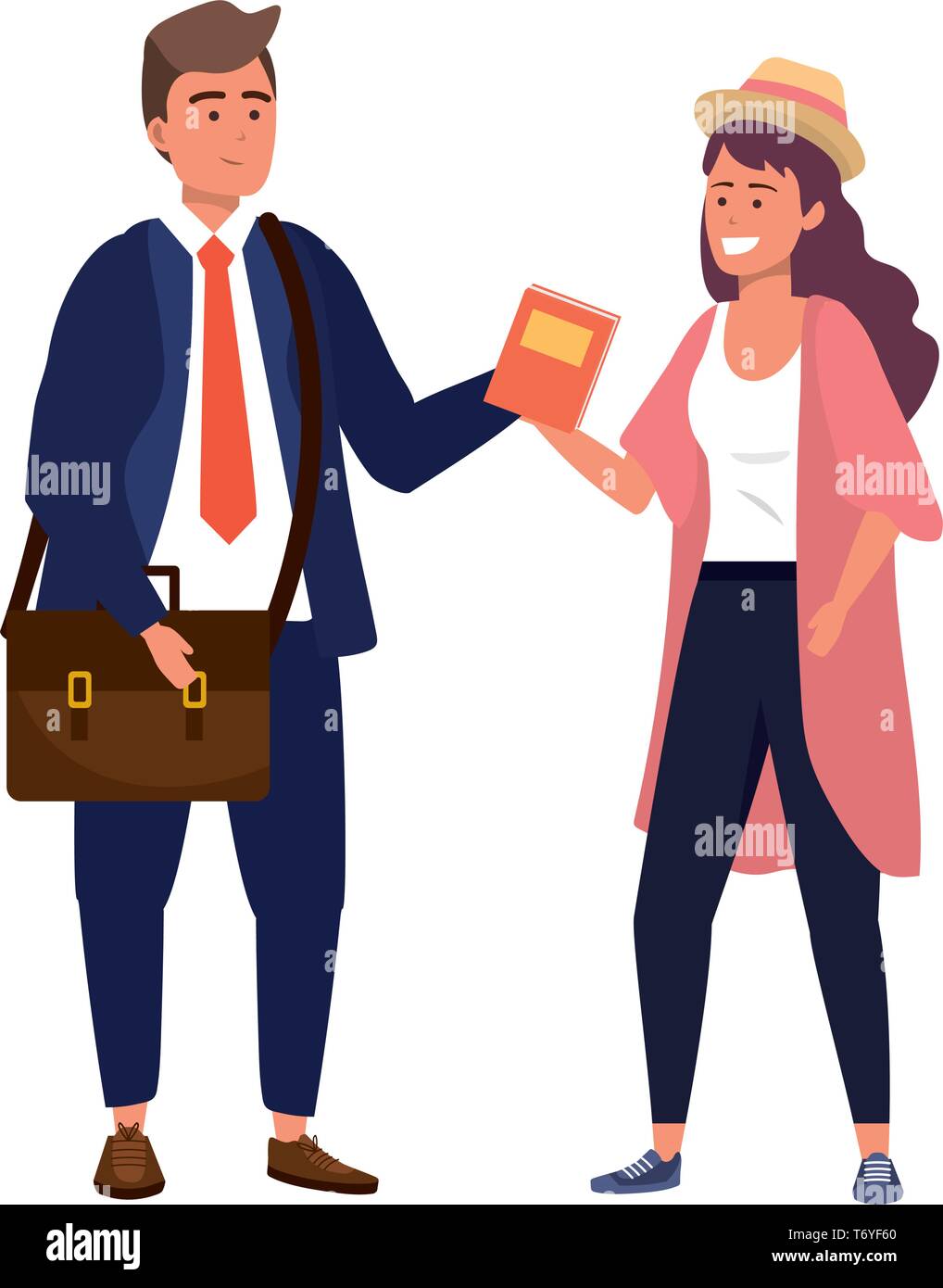 Millennial student couple smiling holding book suit and tie briefcase Stock Vector