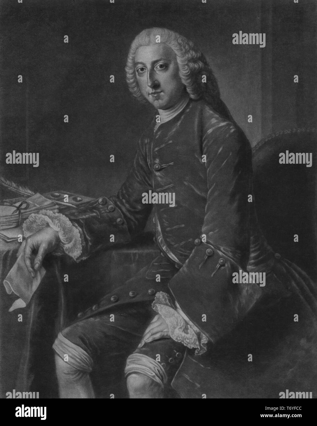 Engraved portrait of William Pitt, 1st Earl of Chatham, the leader of Britain in the Seven Years' War, a British statesman from Westminster, London, England, 1777. From the New York Public Library. () Stock Photo