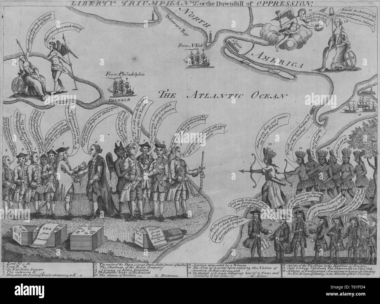 Engraved illustration of the Liberty triumphant, or the downfall of oppression, England colonist's reaction to the British tea tax posed over a map of the northern and mid-Atlantic colonies, by Henry Dawkins, 1775. From the New York Public Library. () Stock Photo