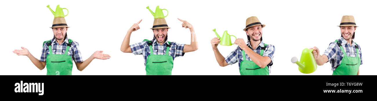 Funny gardener with watering can isolated on white Stock Photo - Alamy