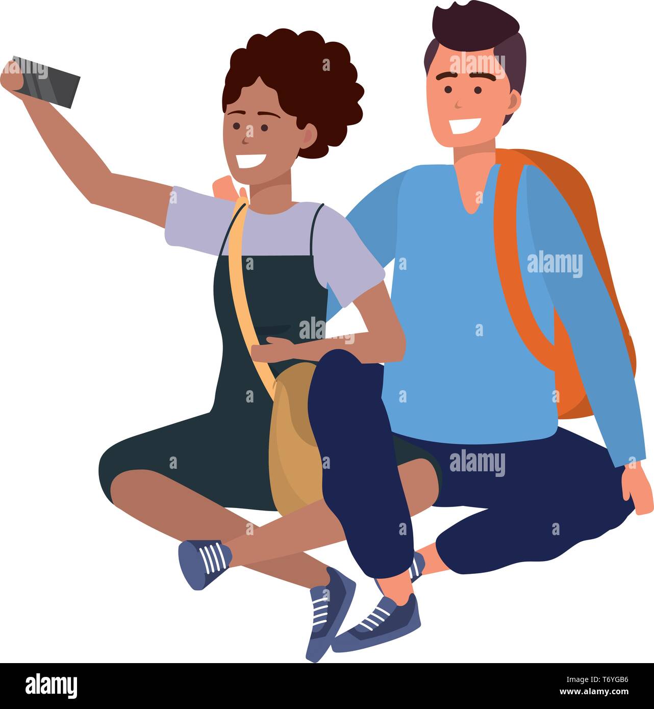 Millennial student couple smiling sitting taking selfie backpack purse Stock Vector