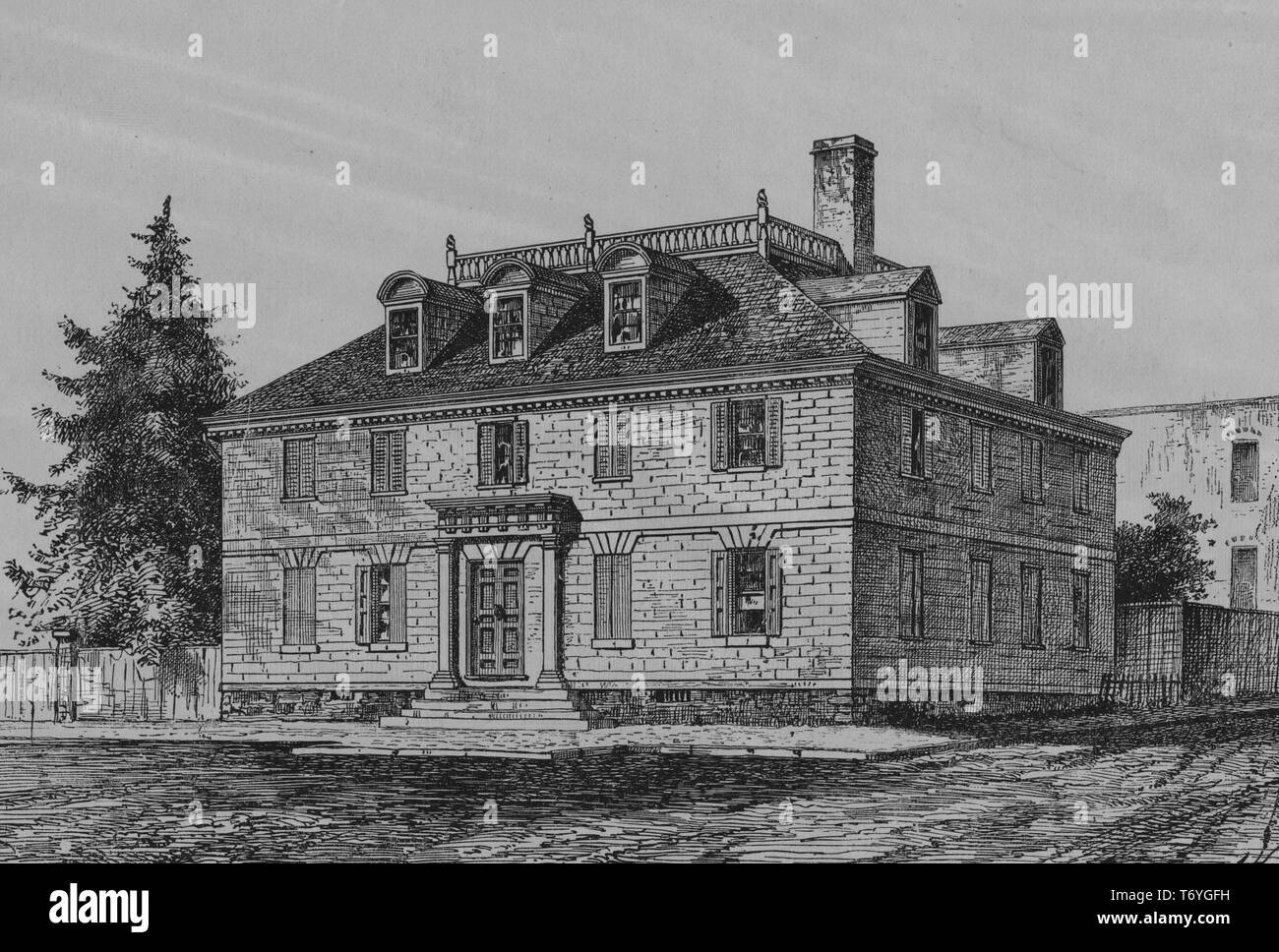 Engraving of the Vernon House, the headquarters of the Comte de Rochambeau, at 46 Clarke Street in Newport, Rhode Island, 1850. From the New York Public Library. () Stock Photo