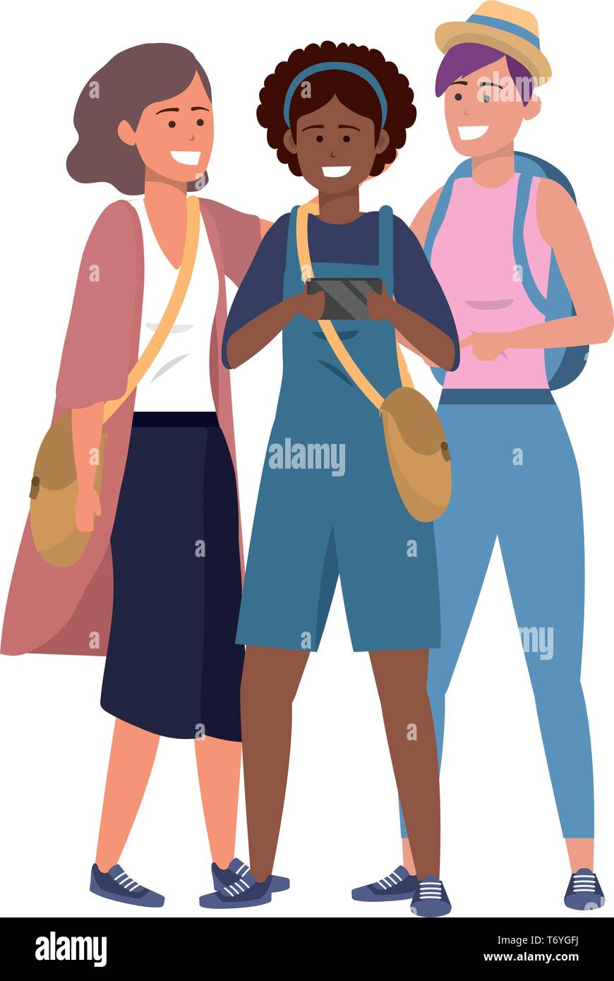 Millennial diverse group using smartphone taking selfie smiling afro hair dyed purple wearing hat purse backpack Stock Vector