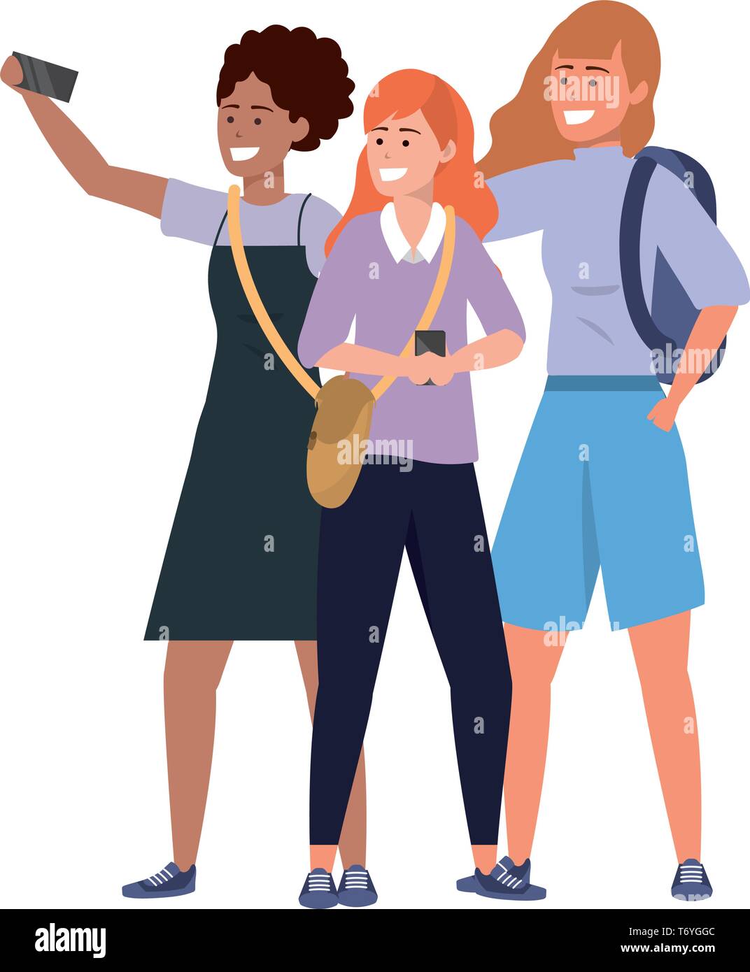 Millennial diverse group using smartphone taking selfie smiling afro redhead purse backpack Stock Vector