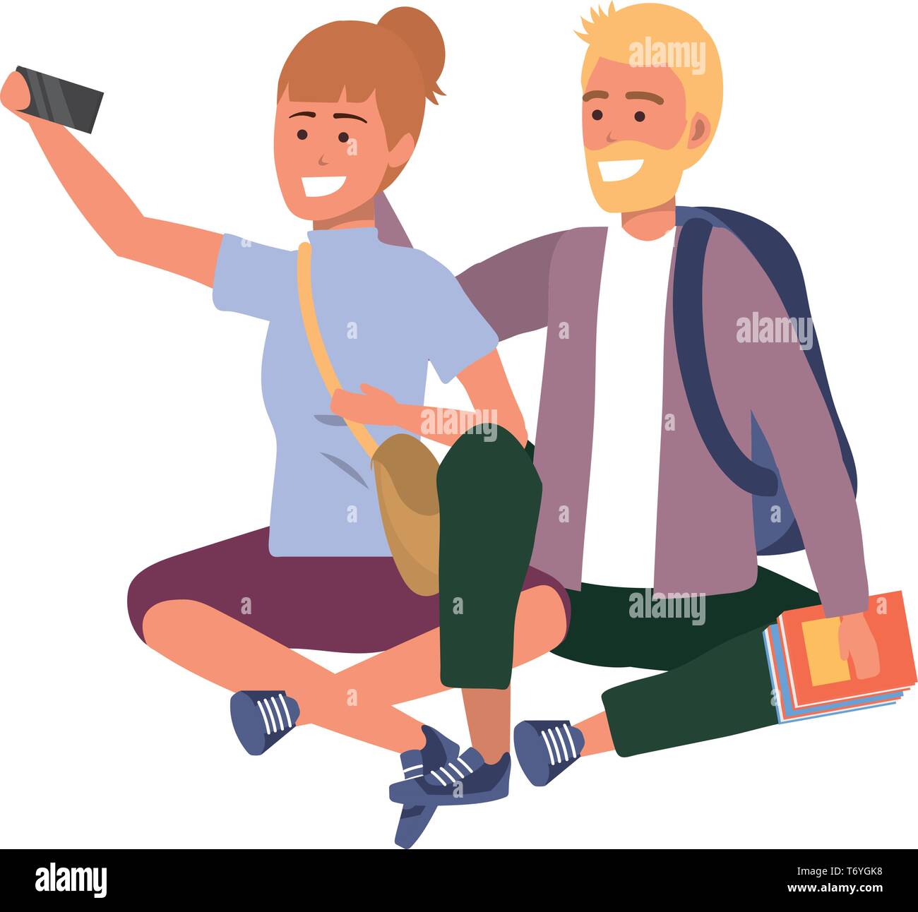 Millennial student couple smiling sitting taking selfie holding book redhead blond backpack purse Stock Vector