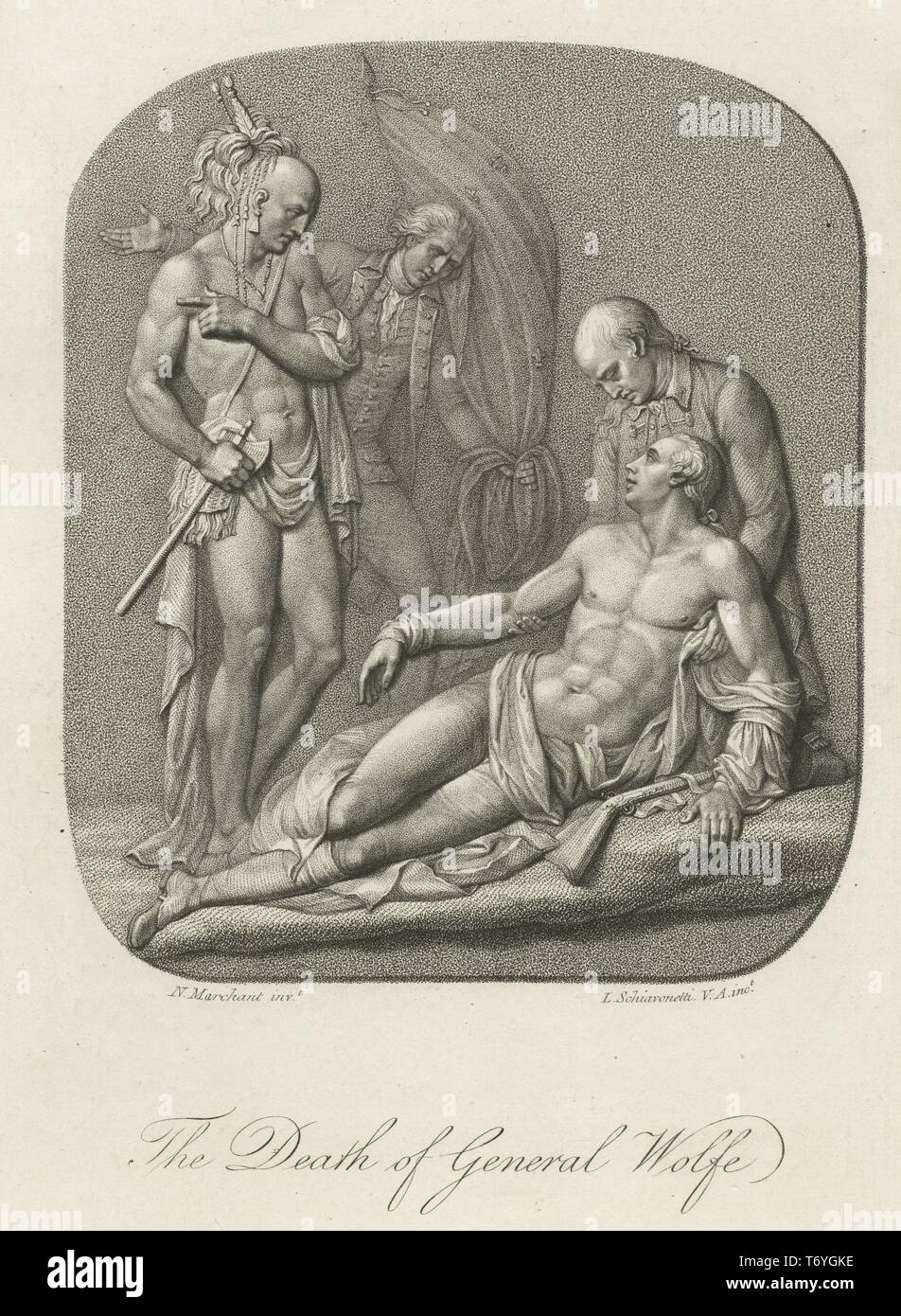 Engraving of the death of British General James Wolfe at the Battle of Quebec during the French and Indian War, 1759. From the New York Public Library. () Stock Photo
