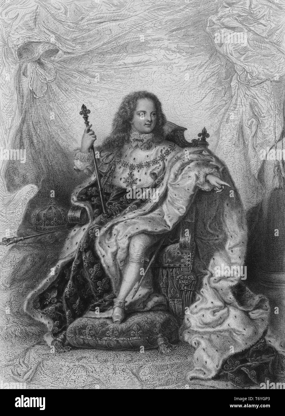 Engraved portrait of Louis XV of France, Louis the Beloved, monarch of