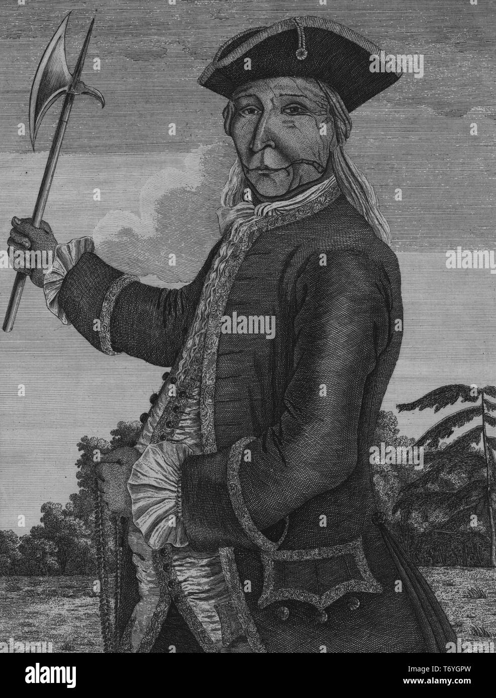 Engraved portrait of Brave Old Hendrick, the great Sachem, chief of the Mohawk Indians, 1755. From the New York Public Library. () Stock Photo