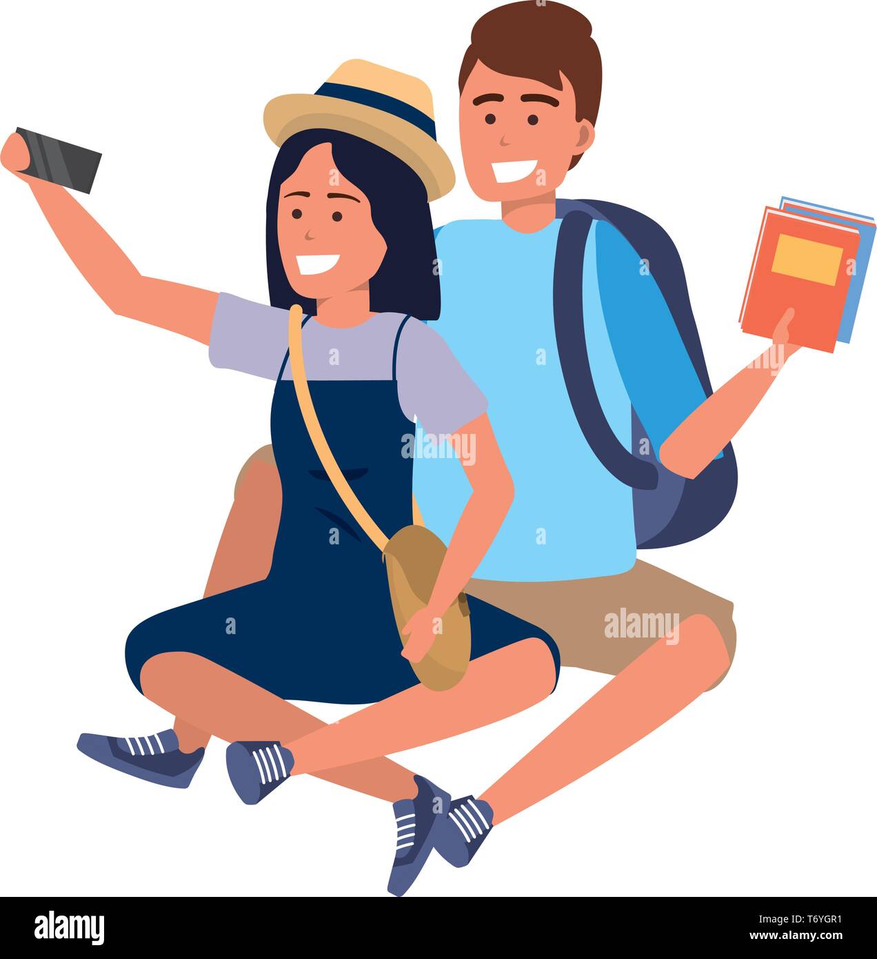 Millennial student couple smiling sitting taking selfie holding book backpack purse Stock Vector