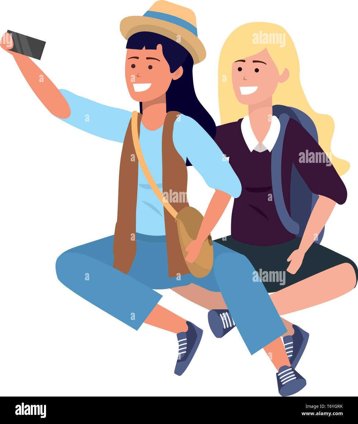 Millennial student couple smiling sitting taking selfie blonde backpack purse Stock Vector
