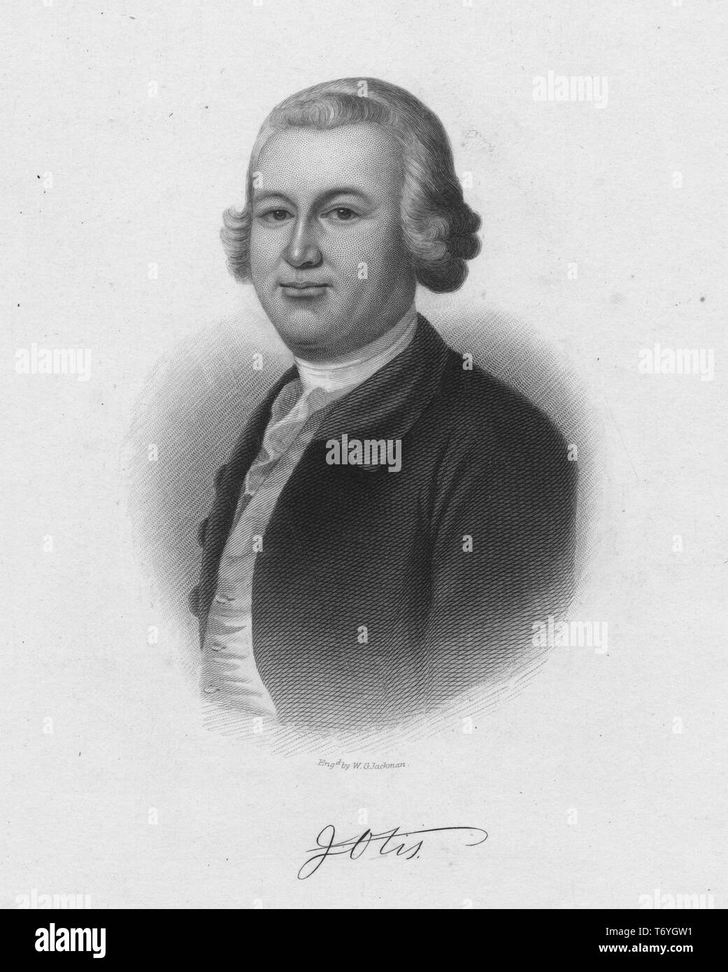 Engraved portrait of James Otis Jr. member of the Massachusetts provincial assembly, an American lawyer and political activist from West Barnstable, Massachusetts, 1900. From the New York Public Library. () Stock Photo
