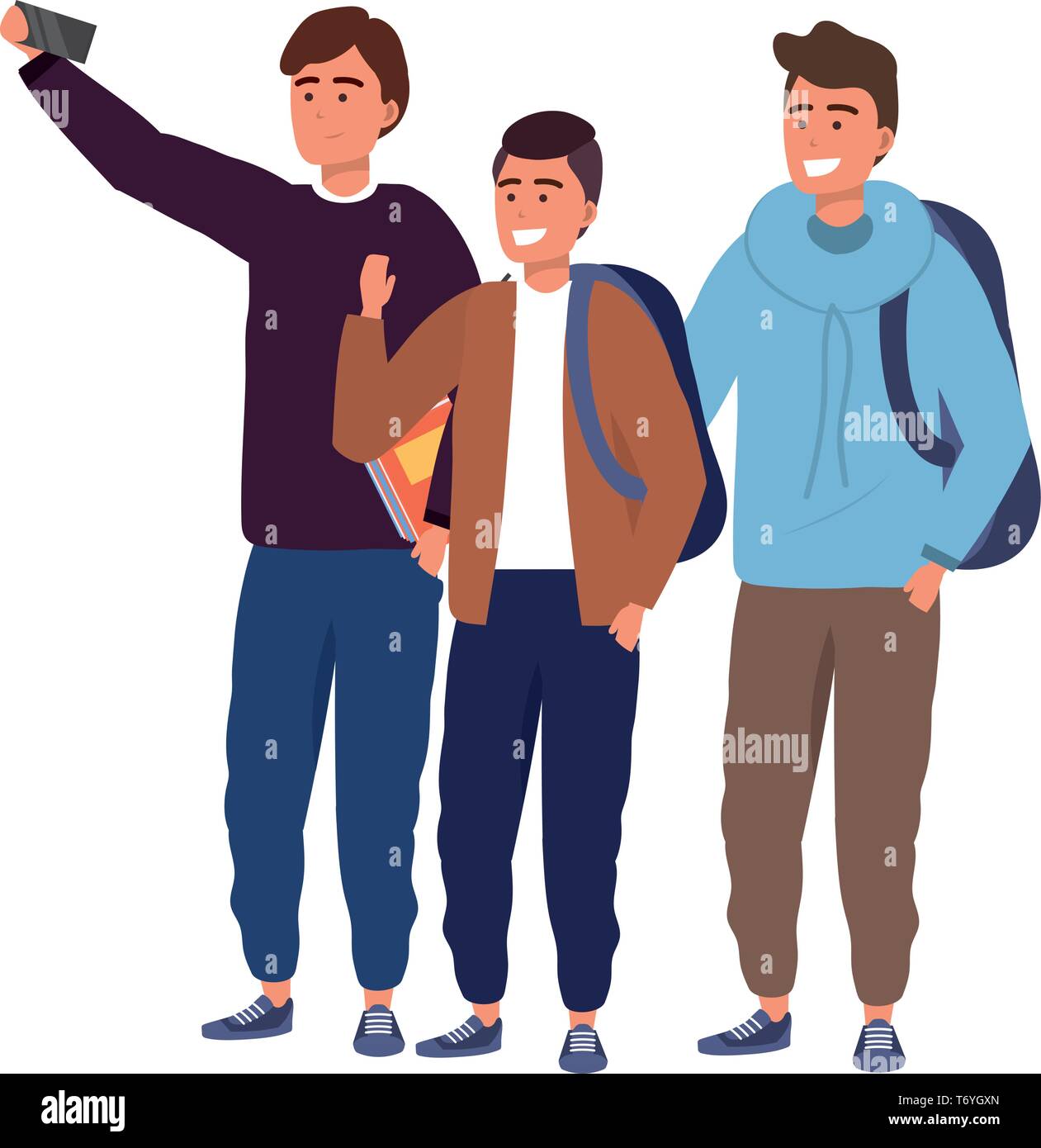 Millennial diverse group using smartphone taking selfie smiling holding book backpack Stock Vector