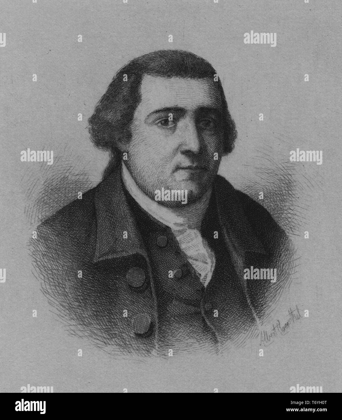 Engraved portrait of Joseph Trumbull, the first commissary general of the Continental Army and member of the Continental Congress, an American lawyer, banker, and politician from Lebanon, Connecticut, 1885. From the New York Public Library. () Stock Photo