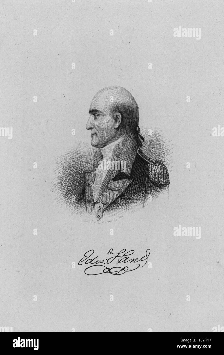 Black and white vintage print of Edward Hand, an American Revolutionary War General, physician, and Pennsylvania politician, depicted from the chest up, in profile, with a receding hairline and a relaxed expression on his face, wearing a military jacket with epaulets on the shoulders, and an ascot tie, from an etching by HB Hall, 1869. From the New York Public Library. () Stock Photo