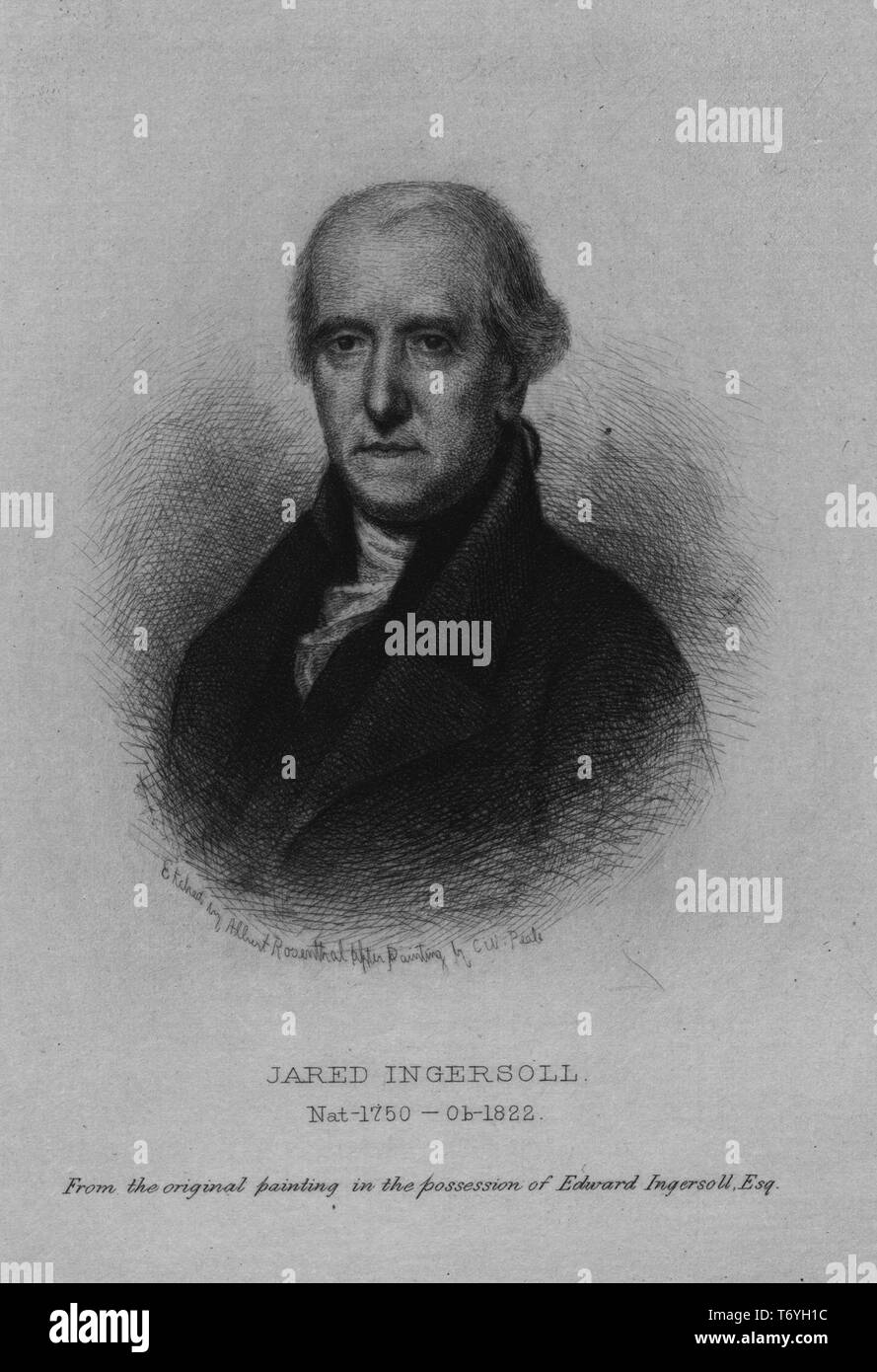 Black and white vintage print of Jared Ingersoll, a Philadelphia lawyer, statesman, Pennsylvania Attorney General, delegate to the Continental Congress, and signer of the United States Constitution, depicted from the chest up, in three quarter view, with a serious expression on his face, wearing a high-collared dark jacket, with an ascot tie, etched by Albert Rosenthal, after a painting by Charles Willson Peale, 1841. From the New York Public Library. () Stock Photo