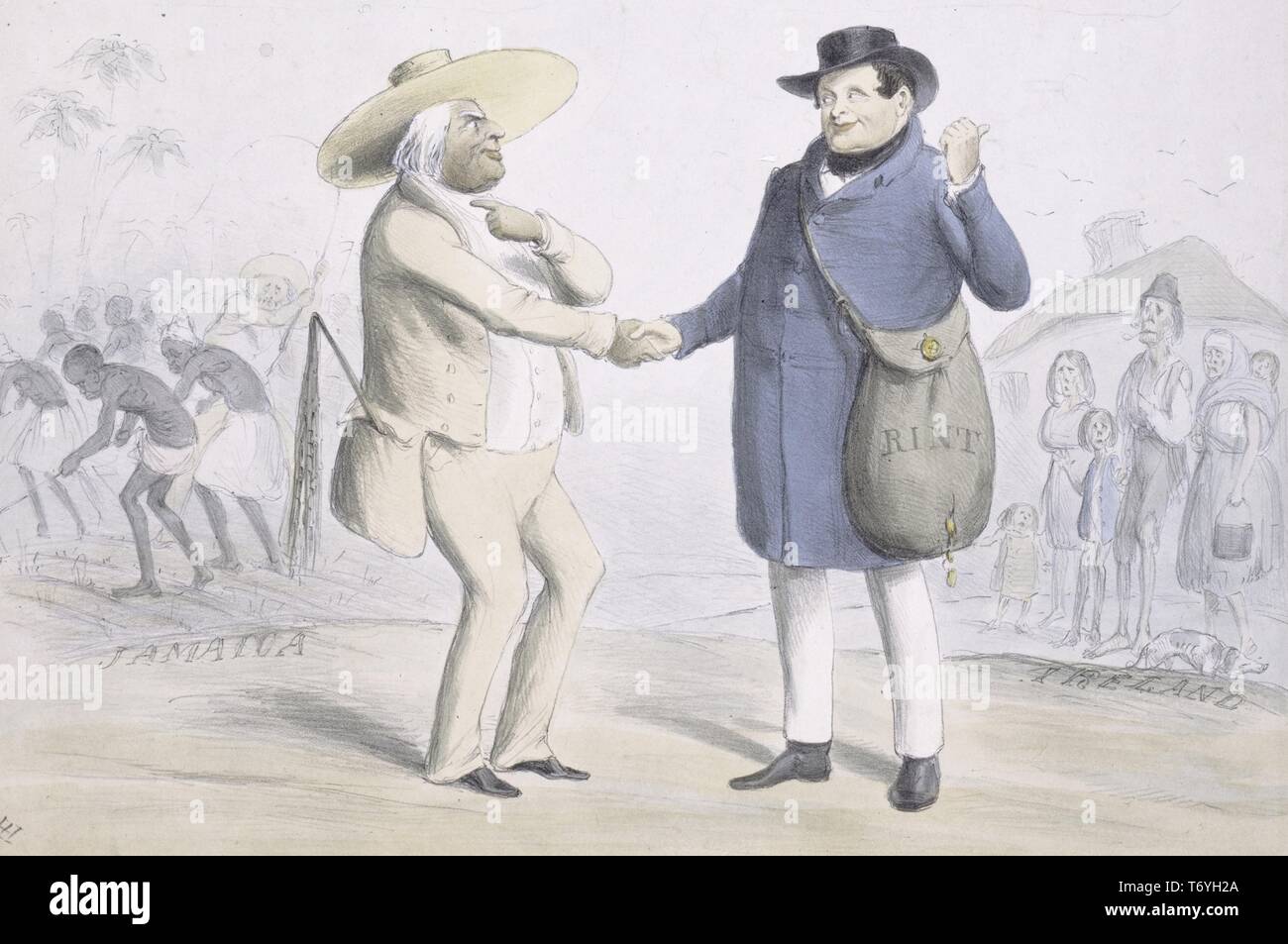 Illustrated political sketch 'Slavery and Freedom', an African-American shaking hands with an Irish man, 1838. From the New York Public Library. () Stock Photo