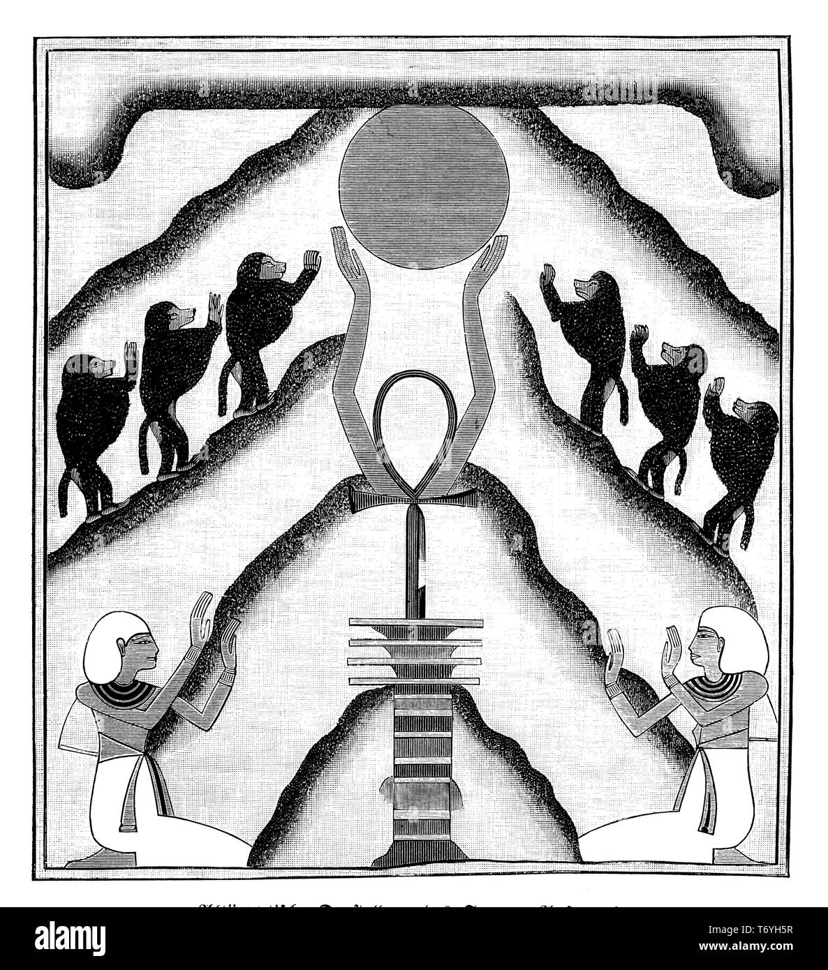Sunrise. Ancient Egyptian representation. After a mural painting in Grusons 'Im Reiche des Lichtes' from 1893.,   1902 Stock Photo