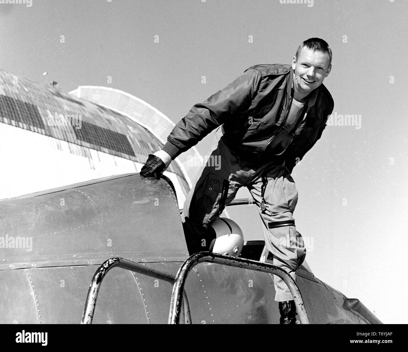 Photograph of Neil Armstrong in the cockpit of the Ames Bell X-14 airplane at NASA's Ames Research Center, Moffett Field, California, 1955. Image courtesy National Aeronautics and Space Administration (NASA). () Stock Photo