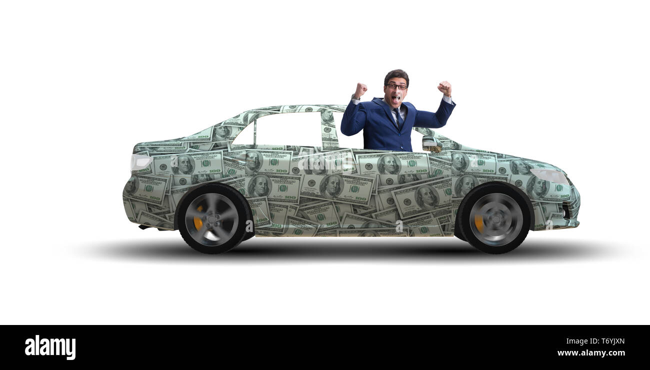 Businessman driving car covered with us dollars Stock Photo