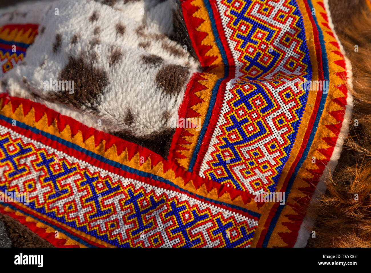 Russia, Yamal-Nenets Autonomous Region, Yamal peninsula. Detail of traditional colorful attire. Stock Photo