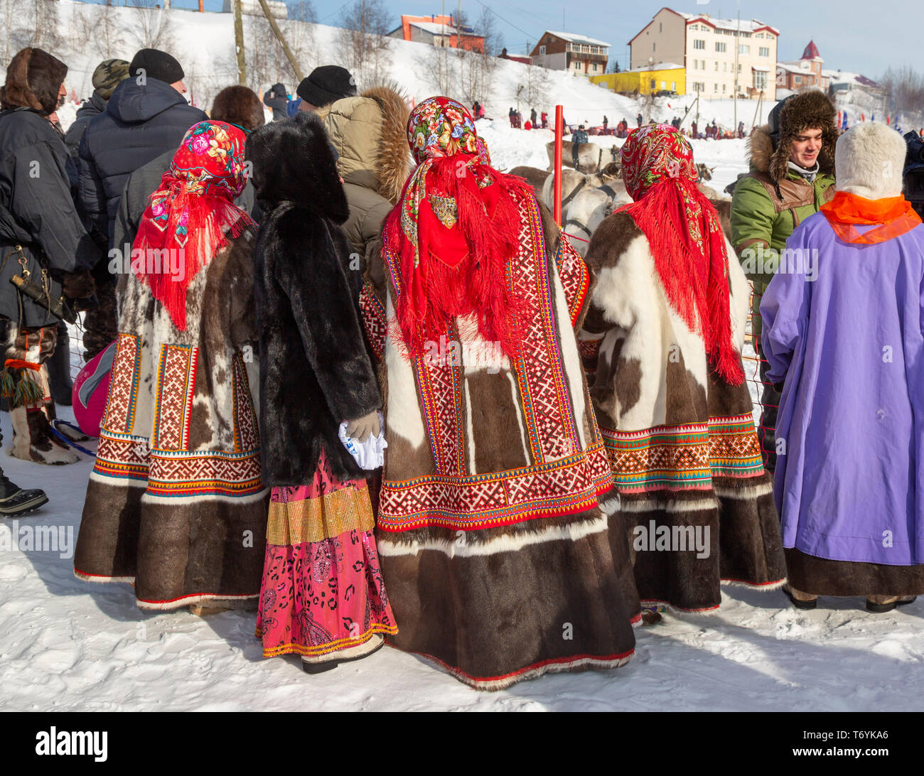 Russia, Yamal-Nenets Autonomous Region, Yamal peninsula. Traditional Russian high Arctic reindeer attire. Stock Photo